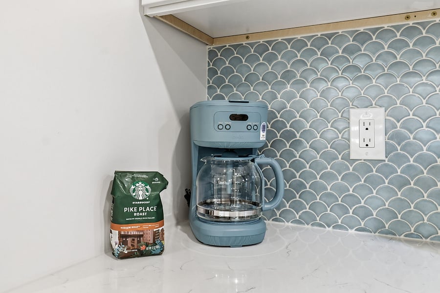 Coffee station with tiled backsplash